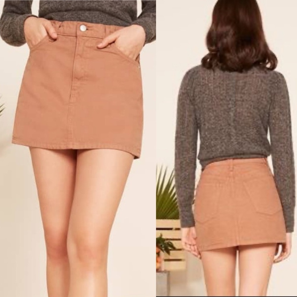 Reformation Becca Brown Mini Denim Skirt Nutmeg Size 24 Pencil A Line Solid